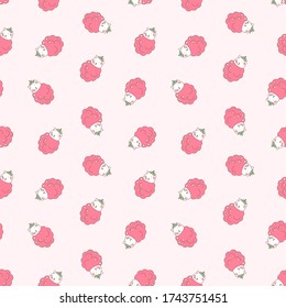 Raspberry pattern. Illustration of cute white kittens with raspberries on a light pink background. Vector 8 EPS.