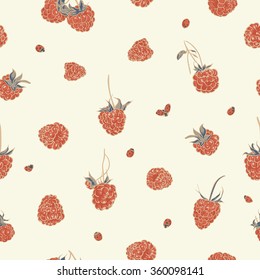 Raspberry pattern with ladybug. Food seamless pattern. Textile background.