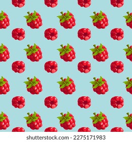 Raspberry Pattern on a blue background. Design for Textile, Label, Poster, Banner. Summer background. Vector Illustration in Cartoon Style.