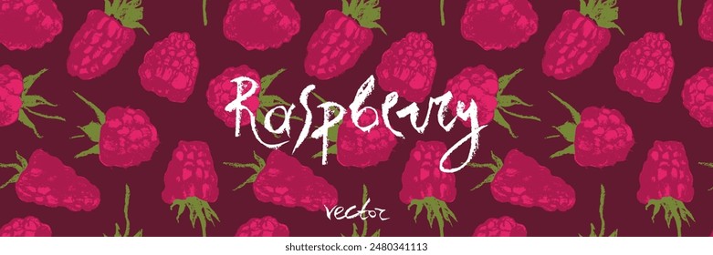 Patrón de frambuesa sin fisuras, ilustración de frambuesas, Vector dibujado a mano baya roja para Anuncio vegano, jugo o diseño de etiqueta de mermelada. Fondo de bayas maduras para el embalaje de alimentos para bebés. Fondo de frambuesa.