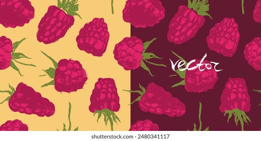 Raspberry pattern seamless, raspberries illustration, hand-drawn vector red berry for vegan banner, juice or jam label design. Ripe berries background for baby food packaging. Raspberry backdrop.