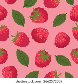 Raspberry pattern. Seamless vector pattern with raspberries and green leaves on a pink background. Perfect for packaging, summer prints, food, textile design, wallpaper