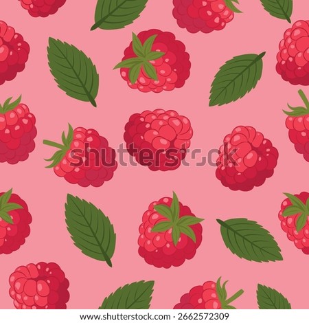 Raspberry pattern. Seamless vector pattern with raspberries and green leaves on a pink background. Perfect for packaging, summer prints, food, textile design, wallpaper