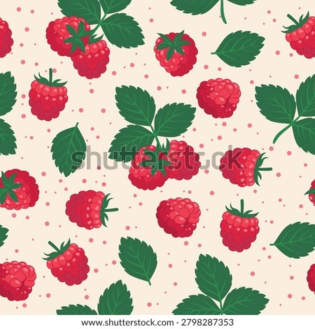 Raspberry Pattern. Seamless vector pattern raspberries, leaves on a light background. Fresh berry background for summer design, textiles, packaging, wallpaper, wrapping paper, food products, kitchen