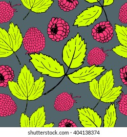 Raspberry pattern. Summer fruits. Summer berries. Raspberry and leaves. Vector illustration