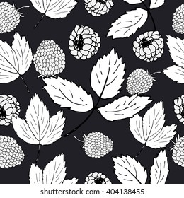 Raspberry pattern. Summer fruits. Summer berries. Raspberry and leaves. Vector illustration