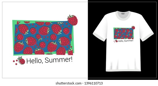 Raspberry pattern. T-shirt print. Hello summer. Vector sketch. Hand drawn fresh berry. Doodle illustration. Textile fashion design