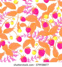 Raspberry pattern. Vector doodle seamless pattern with neon pink raspberry for wallpaper, web page background, surface textures, textile, scrap book, design fabric, menu