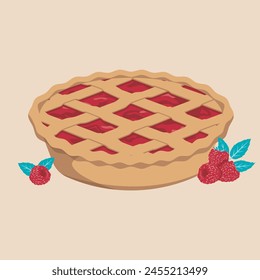 Raspberry pie with decorative raspberries illustration