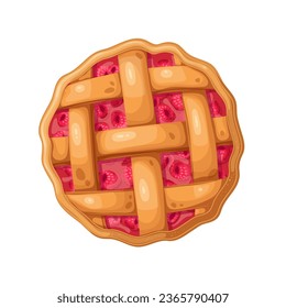 Raspberry pie, top view vector illustration. Cartoon isolated whole round pie with shortcrust pastry lattice and red berry jam filling, fruit sweet tart and tasty baked summer dessert from bakery