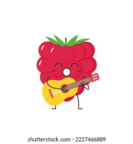 Raspberry toca guitarra canta lindo personaje caricatura deliciosa sonrisa berry cara kawaii alegría alegre emociones alegres icono ilustración vector.