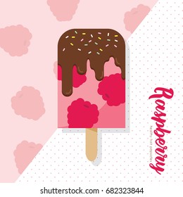 Raspberry popsicle. Healthy fruit popsicle with chocolate cream, jimmies sprinkles topping. Summer refreshing snack.