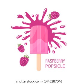 Raspberry popsicle on juisy spot with beries. Flat vector illustration. Colorful poster.