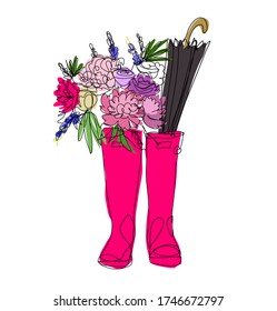 raspberry rain boots with flowers and umbrella vector illustration spring summer weather line art