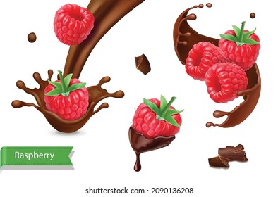 Raspberry realistic in chocolate splash set. Chocolate-dipped red berries 3d realistic vector .