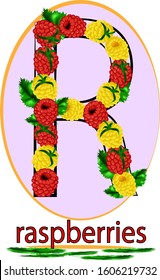 
raspberry red burgundy and yellow with leaves in the shape of the letter R with the inscription