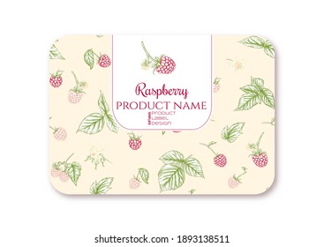 Raspberry. Ripe berries on branch. Template for product label, cosmetic packaging. Easy to edit. Graphic drawing, engraving style. Vector illustration..