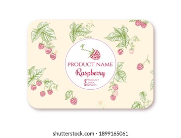 Raspberry. Ripe berries on branch. Template for product label, cosmetic packaging. Easy to edit. Graphic drawing, engraving style. Vector illustration..