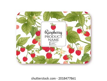 Raspberry. Ripe berries on branch. Template for product label, cosmetic packaging. Easy to edit. Graphic drawing, engraving style. Vector illustration..