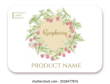 Raspberry. Ripe berries on branch. Template for product label, cosmetic packaging. Easy to edit. Graphic drawing, engraving style. Vector illustration..
