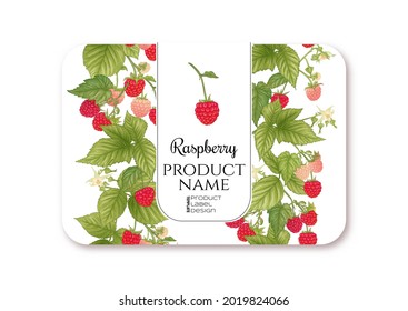 Raspberry. Ripe berries on branch. Template for product label, cosmetic packaging. Easy to edit. Graphic drawing, engraving style. Vector illustration..