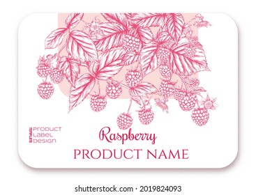 Raspberry. Ripe berries on branch. Template for product label, cosmetic packaging. Easy to edit. Graphic drawing, engraving style. Vector illustration..