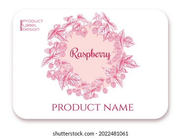 Raspberry. Ripe berries on branch. Template for product label, cosmetic packaging. Easy to edit. Graphic drawing, engraving style. Vector illustration..