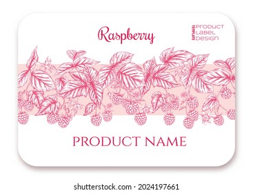 Raspberry. Ripe berries on branch. Template for product label, cosmetic packaging. Easy to edit. Graphic drawing, engraving style. Vector illustration..