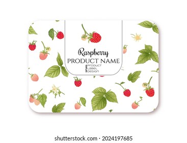 Raspberry. Ripe berries on branch. Template for product label, cosmetic packaging. Easy to edit. Graphic drawing, engraving style. Vector illustration..
