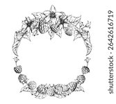 Raspberry ripe garden berries flower buds leaves wreath, hand drawn in vector ink. Dewberry cloudberry mulberry loganberry tayberry. Isolated circle frame illustration. Wedding stationery florist shop
