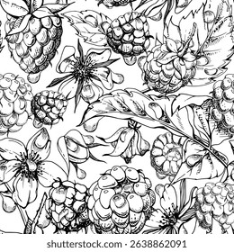Raspberry ripe garden berries, flowers in water dew drops hand drawn in vector ink. Seamless isolated pattern tile. Home preserves, textile washi tape, food store decor, packaging, wrapping paper