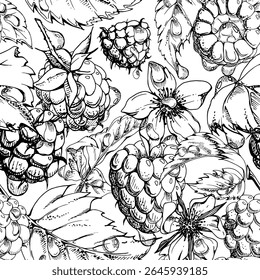 Raspberry ripe garden berries, flowers in water dew drops hand drawn in vector ink. Seamless isolated pattern tile. Home preserves, textile linens wallpaper, food store decor, packaging, scrapbooking