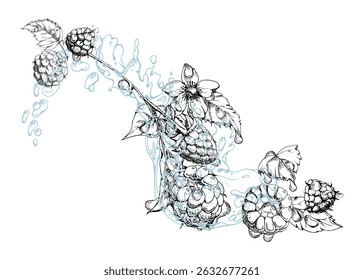 Frambuesas maduras bayas de jardín volando en salpicaduras de agua, hojas de flores, gotas de rocío húmedo húmedo, fresca fresa de fresa de fresa. Ilustración aislada dibujada a mano en tinta de Vector. Bebidas en el supermercado