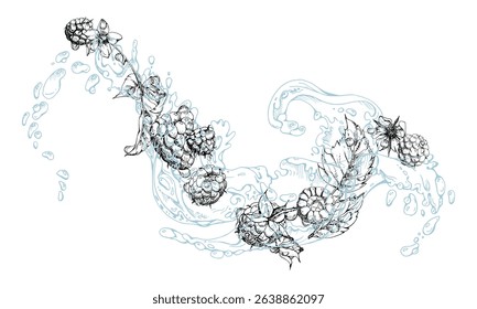 Raspberry ripe garden berries flying in water splash leaves flowers, fresh dewberry cloudberry mulberry loganberry, wet moist dew drops. Isolated illustration hand drawn in vector ink. Drinks grocery