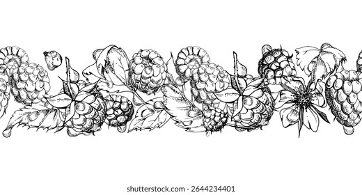Raspberry ripe garden berries, leaves flowers in water dew drops hand drawn in vector ink. Seamless isolated banner garland. Home preserves, washi tape, food store decor, recipe book, dessert menu
