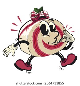 raspberry roll cake cute cartoon isolated vector illustration character mascot is blowing the whistle, work of hand drawn