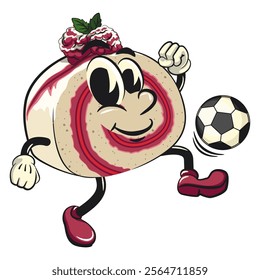 raspberry roll cake cute cartoon isolated vector illustration character mascot playing football or soccer, work of hand drawn