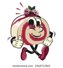 raspberry roll cake cute cartoon isolated vector illustration character mascot walking with thumbs up, work of hand drawn