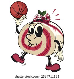 raspberry roll cake cute cartoon isolated vector illustration character mascot playing basketbal, work of hand drawn