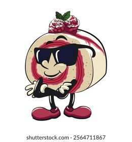 raspberry roll cake cute cartoon isolated vector illustration character mascot wearing sunglasses folding his arms calmly, work of hand drawn