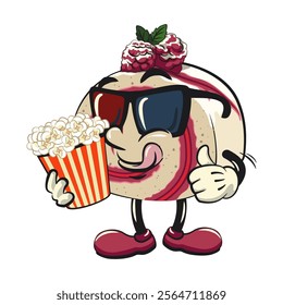 raspberry roll cake cute cartoon isolated vector illustration character mascot with a bucket of popcorn with wearing 3d glasses, work of hand drawn