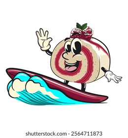 raspberry roll cake cute cartoon isolated vector illustration character mascot surfing riding the waves, work of hand drawn