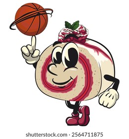 raspberry roll cake cute cartoon isolated vector illustration character mascot spin the basketball with the index finger, work of hand drawn