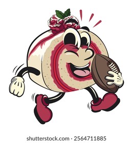 raspberry roll cake cute cartoon isolated vector illustration character mascot playing rugby and american football, work of hand drawn