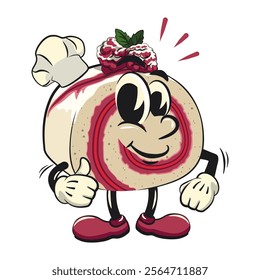 raspberry roll cake cute cartoon isolated vector illustration character mascot as chef give thumbs up, work of hand drawn