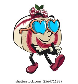 raspberry roll cake cute cartoon isolated vector illustration character mascot wearing heart shaped beach sunglasses, work of hand drawn