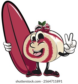 raspberry roll cake cute cartoon isolated vector illustration character mascot with surfboard and gave a peace sign, work of hand drawn