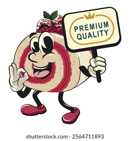 raspberry roll cake cute cartoon isolated vector illustration character mascot carrying a sign board that says premium quality while giving an okay sign, work of hand drawn