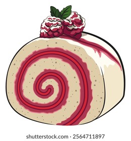 raspberry roll cake cute cartoon isolated vector illustration, work of hand drawn