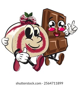 raspberry roll cake cute cartoon isolated vector illustration character mascot walk with a chocolate bar character while giving thumbs up, work of hand drawn